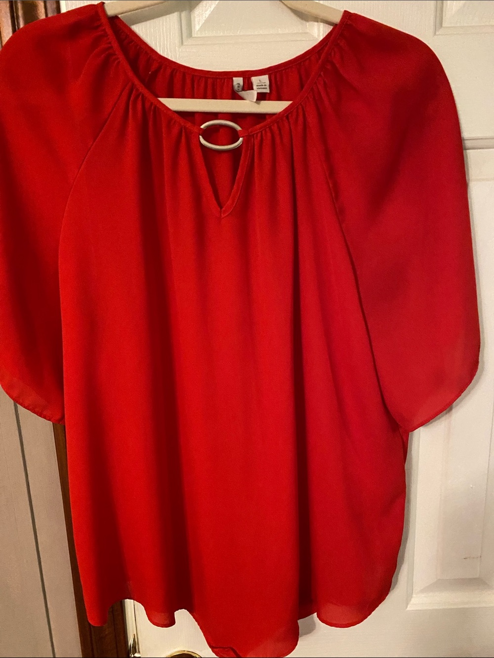 Red Women’s Short-Sleeve Blouse with Decorative Ring Detail